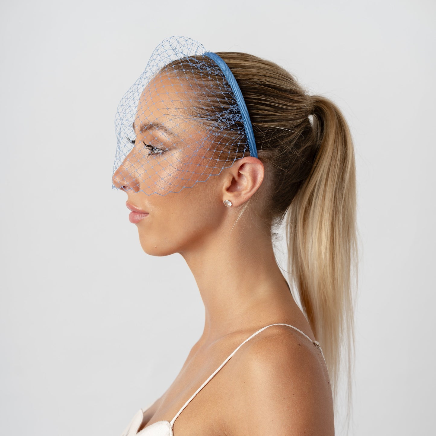 Cornflower Blue French Netting Veiled Headband