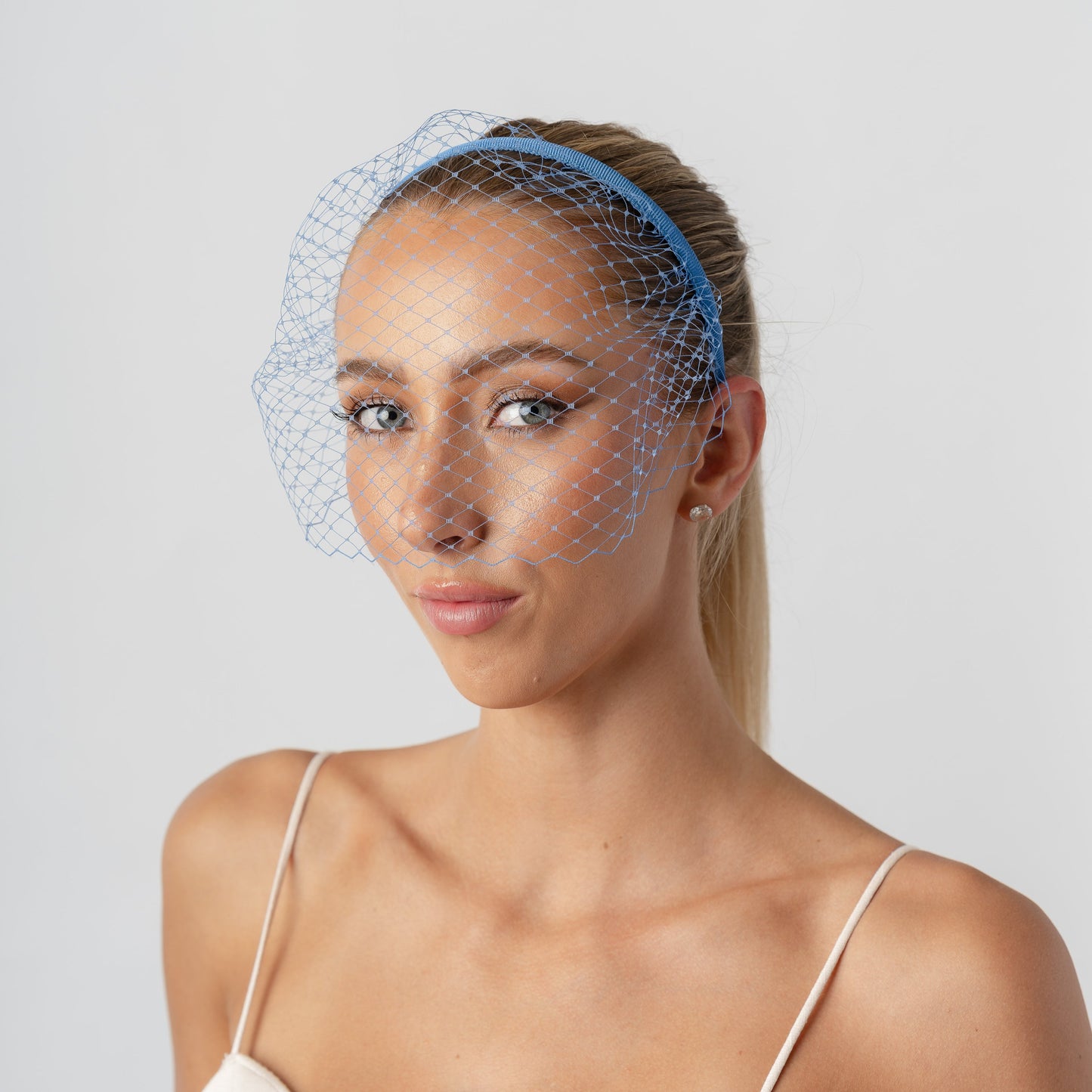 Cornflower Blue French Netting Veiled Headband