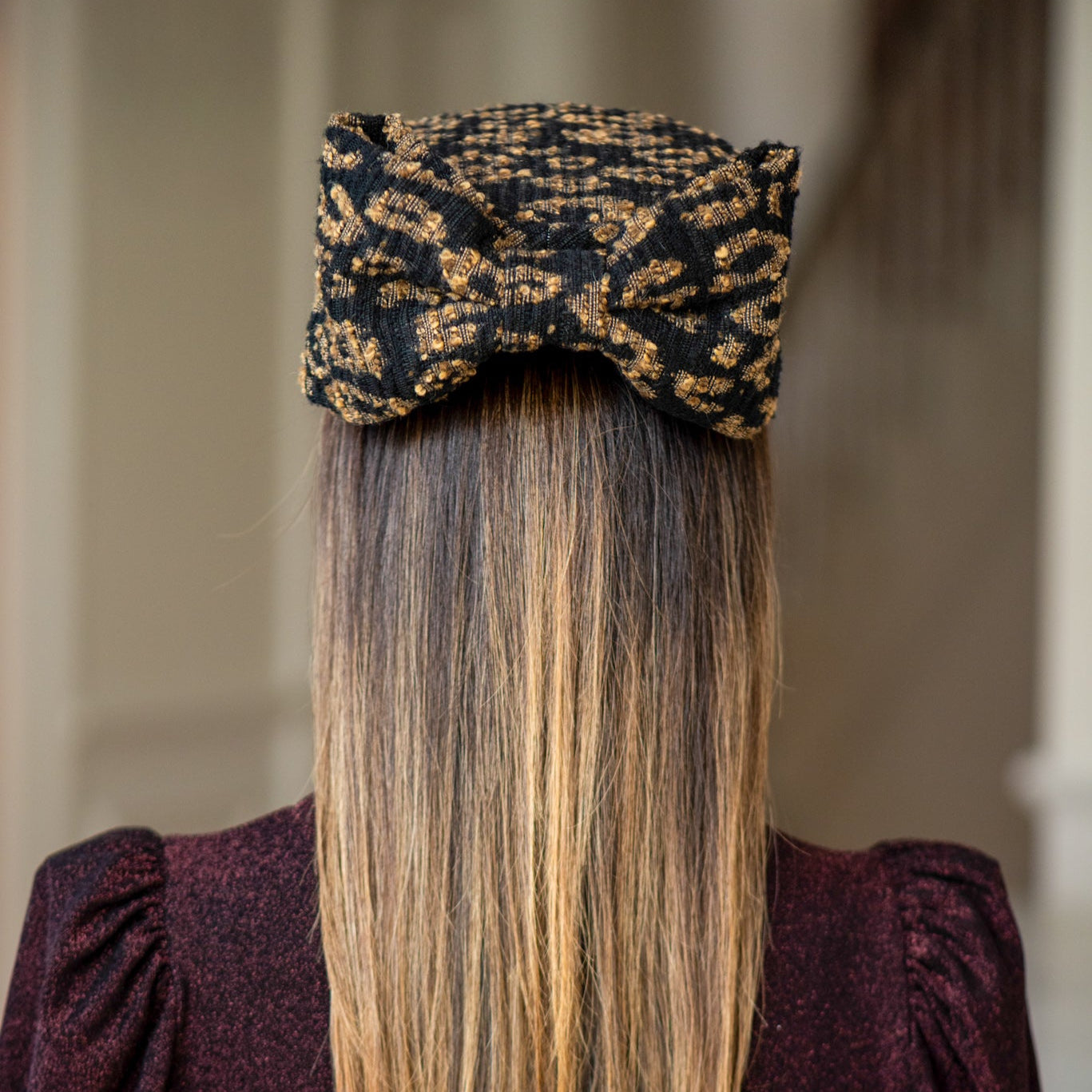 Pillbox in Roberto Cavalli tweed with Bow in Leopard