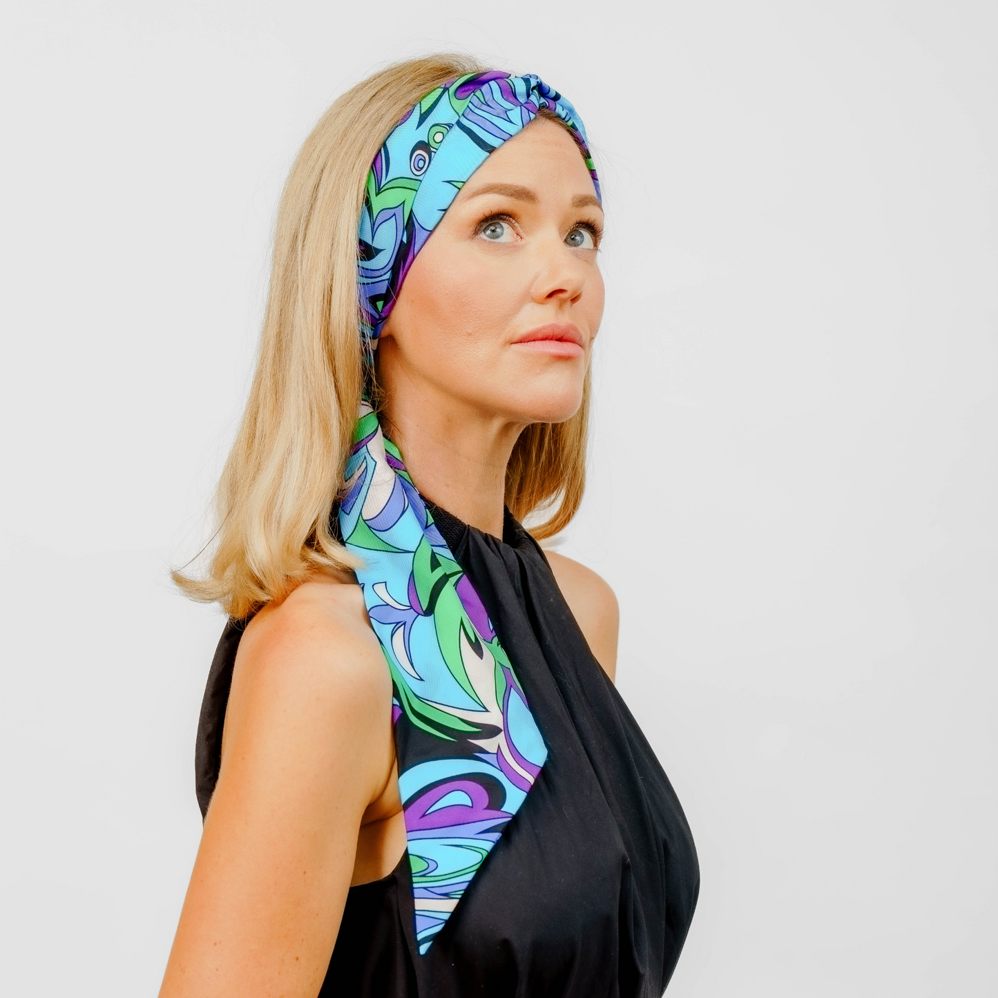 Sustainable Pucci 100% silk pre-tied headscarf in green and blue