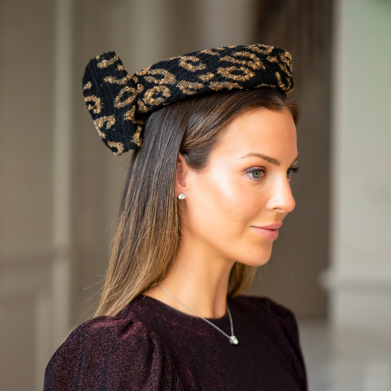 Pillbox in Roberto Cavalli tweed with Bow in Leopard