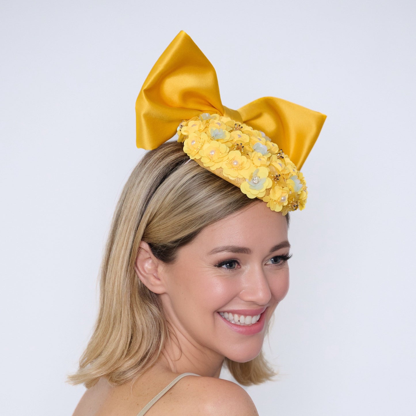 Velvet Hammer yellow head piece with silk bow