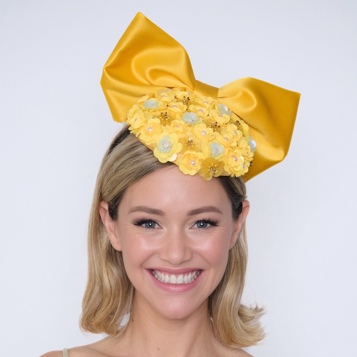 Velvet Hammer yellow head piece with silk bow